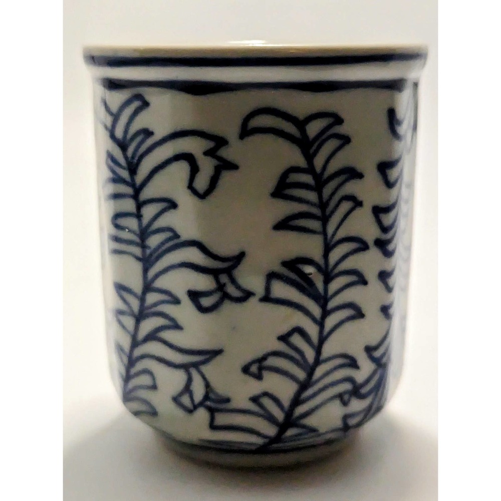 Vintage Japanese Tea Cuo No Handle Leaves Blue White Fronds
